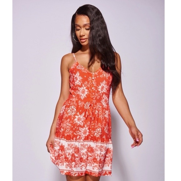 Dresses & Skirts - Red Floral Print Scarf Print Sleeveless V-Neck Tiered Mini Dress